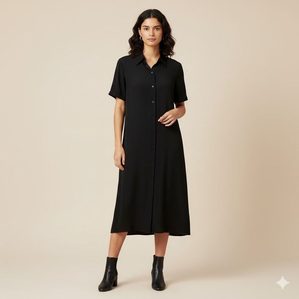Chanel Black Silk Shirt Dress Womens Size 36 US 4 Short Sleeve Collar Minimalist